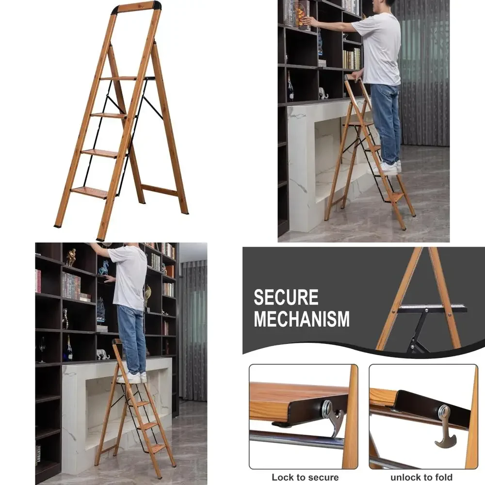 

Anti-Slip 4-Step Aluminum Folding Stool with Wide Pedal for Home, Kitchen, and Office Use - Sturdy and Portable Woodgrain Finish