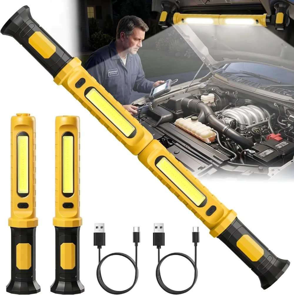 Magnetic Rechargeable COB Work Light with Hooks & Magnetic Base 2000LM Double LED Flashlight for Car Repairin Workshop Emergency