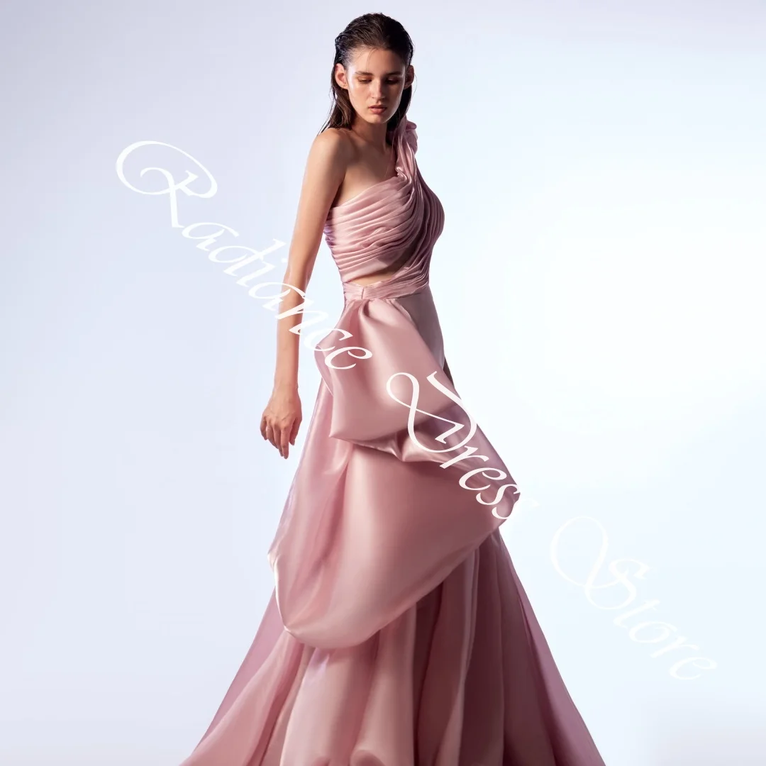 فساتين سهرة مخصصة من الساتان اللامع بكتف واحد وسحاب خلفي بدون أكمام وقطار مناسبة خاصة #5