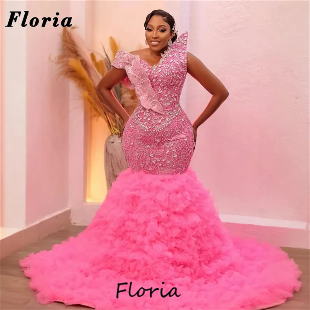 

African Baby Pink Mermaid Cocktail Dresses Tiered Skirt Aso Ebi Arabic Beading Evening Dresses Customized Prom Party Gowns 2026