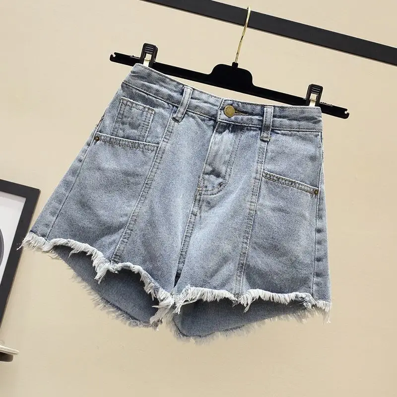 Zomer Dames Streetwear Mode Denim Shorts Koreaanse Effen Hoge Taille Slank Ruw Rand Licht Blauw Zwart Casual Mini Korte Jeans