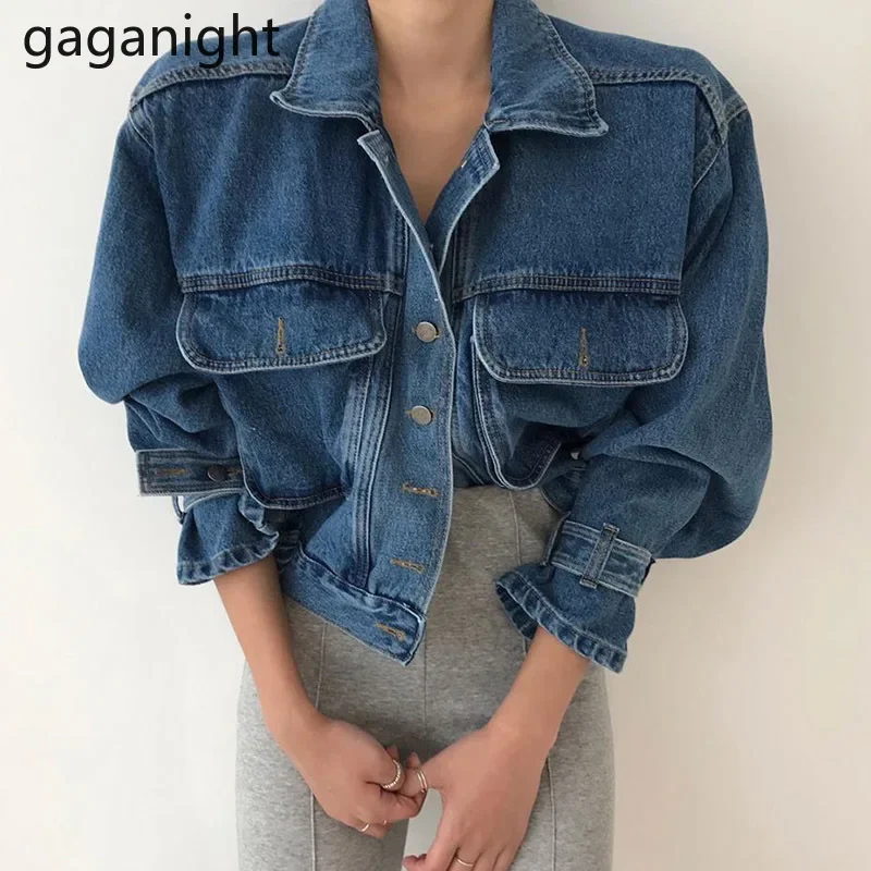 Gaganight 2024 Spring New Denim Jacket Women Lapel Puff Long Sleeve Short Outwear Vintage Casual Jean Jackets Denim Coat Female