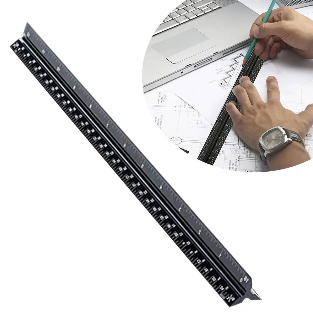 Triangular Ruler Scale Aluminum Alloy Ruler Drawing Ruler 30cm Interior Architectural Design Ruler Inch Centimeter Scale