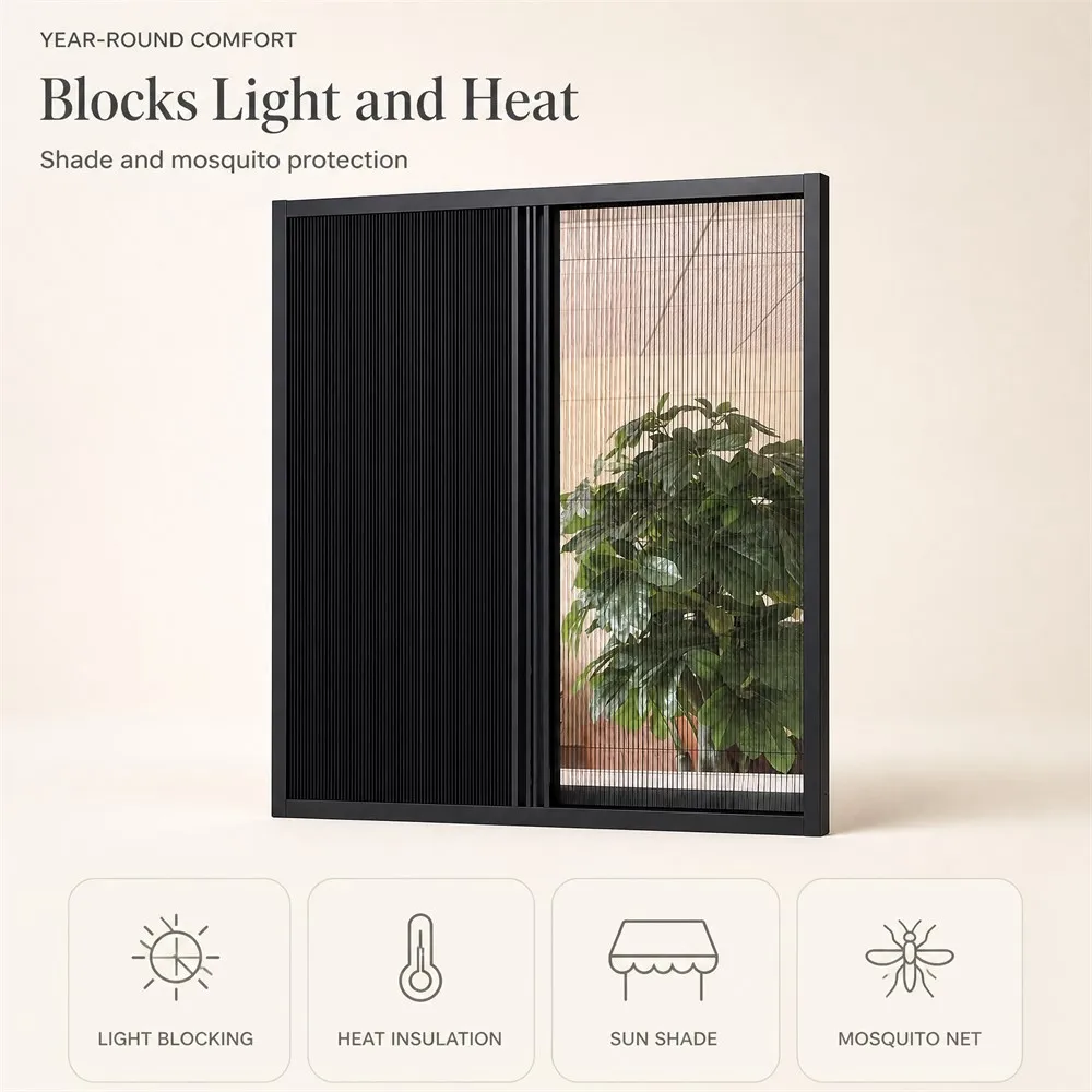 Light Blocking Heat Insulation Sun Shade Mosquito Prevention Aluminum Alloy Sliding Screen Blackout Fabric PP Mesh