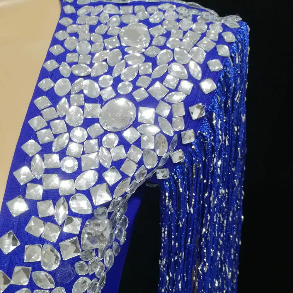 Blue Fringe Shiny Rhinestones Bodysuit Tassel Belt Women Singer Performance Dance Outfits Birthday Celebrate Stage Costume