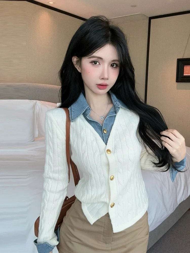 

Fashionable Denim Patchwork Fake Two-piece Cardigans Women's Spicy Girl Autumn Basic Sweater Single Breasted Versatile Jumpers