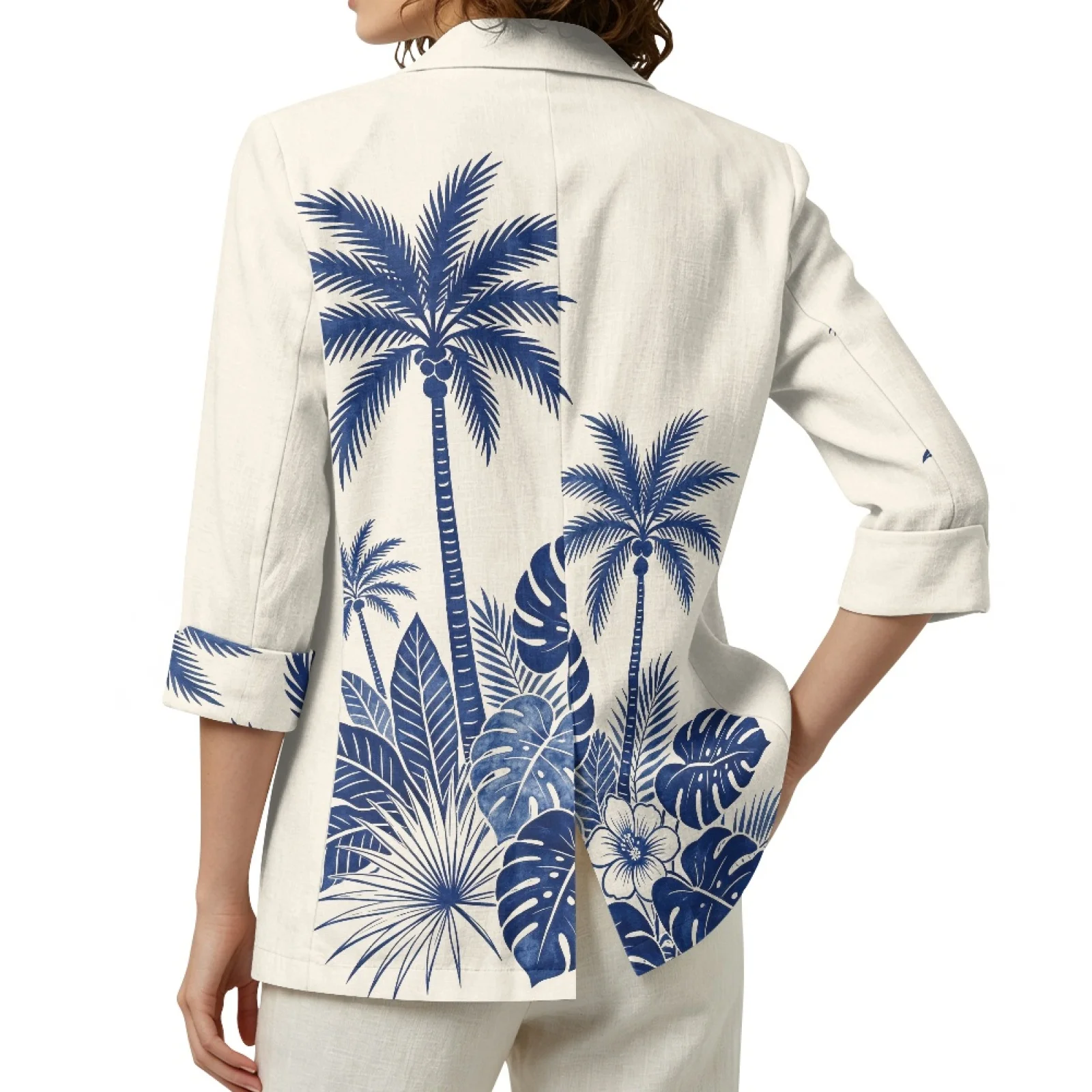 PENSTROLL Blue Tropical Palm Linen Style Open Front Top Cardigan Cover Up Jacket for Women Lightweight Outerwear