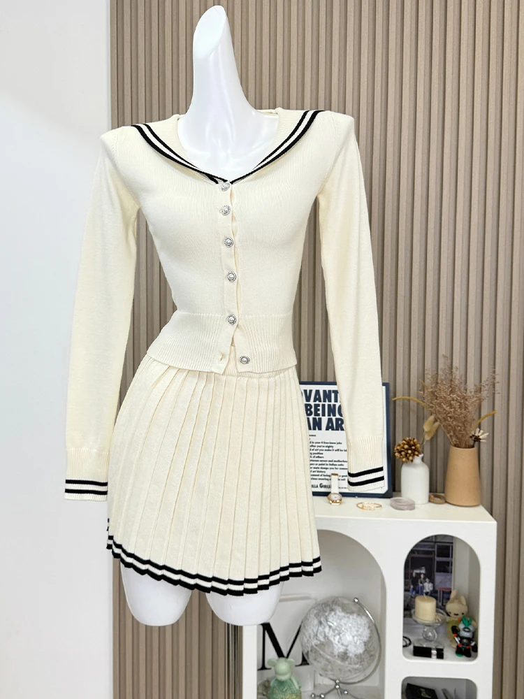 Autumn Winter Women Suit Old Money Knit Outfits 2 Piece Set Long Sleeve Sailor collar Cardigan Sweaters + Mini Pleated Skirt New