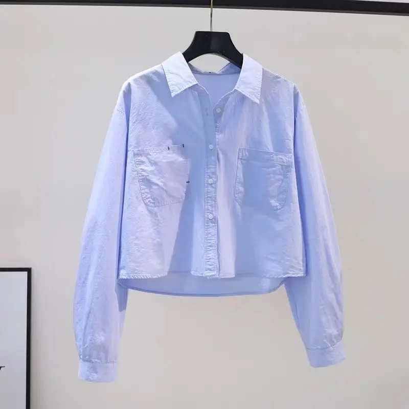 Design sense blue shirt female 2026Spring summer new short coat female double pocket loose Jacket literary fan cotton Ladies Top