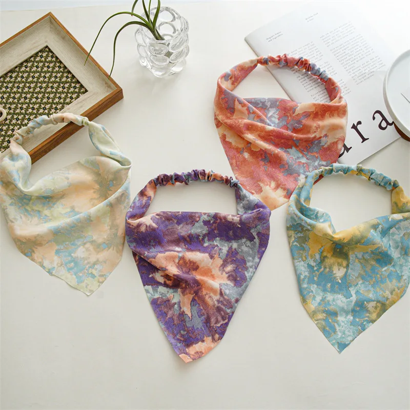 Woman Tie-dyed Summer Head Scarf Cloth Triangle Bandanas Lady Fashion Elastic Hairband Headwear Ornaments Girls Hair Accessories