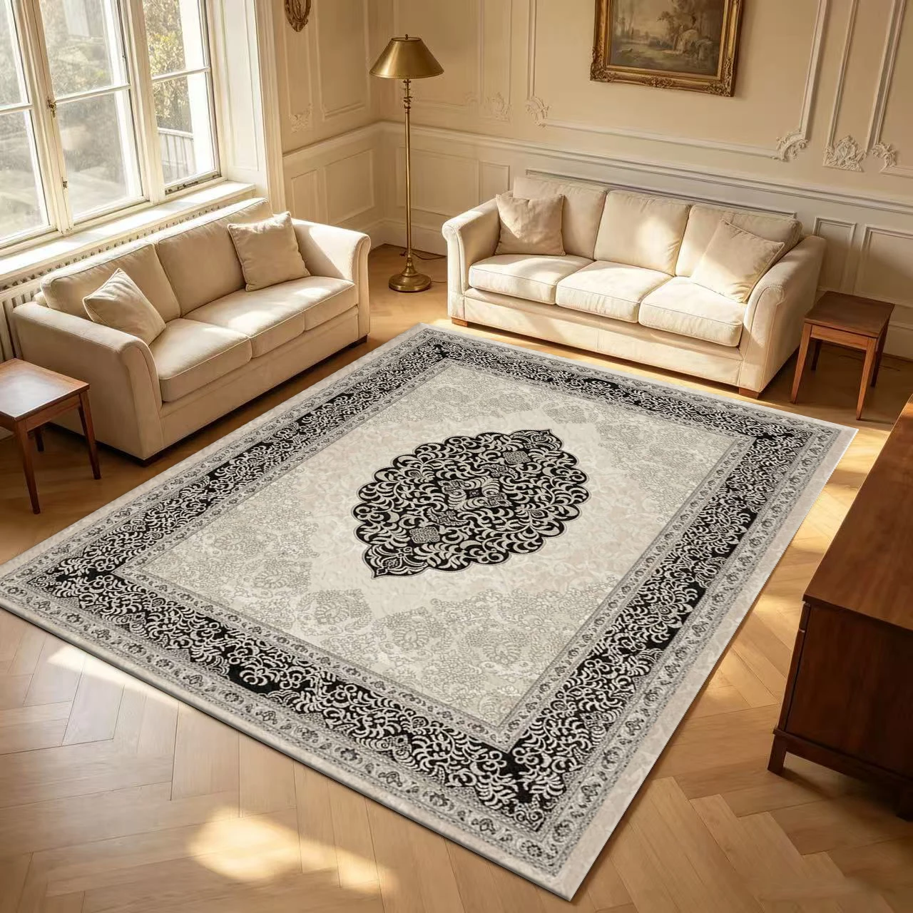Vintage Black Beige Medal Pattern Carpet Classic Oriental Style Non-Slip Carpet Suitable for Living Room Bedroom Home Interior Decoration