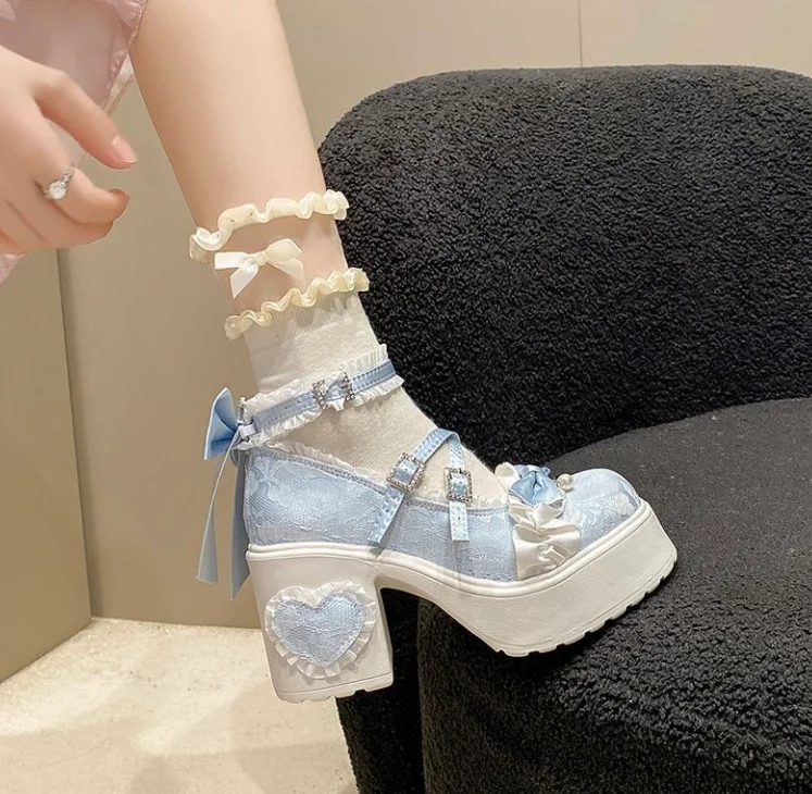 لوليتا لطيف الحلو صندل بكعب مكتنز أحذية النساء الدانتيل جولة تو أنيقة ماري جين أحذية الفتيات لوليتا تنوعا أحذية عالية الكعب