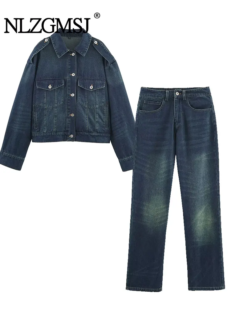 

NLZGMSJ повседневный шикарный женский ковбойский костюм, однобортные свободные куртки, длинные брюки, модные осенние джинсовые костюмы 2025 года