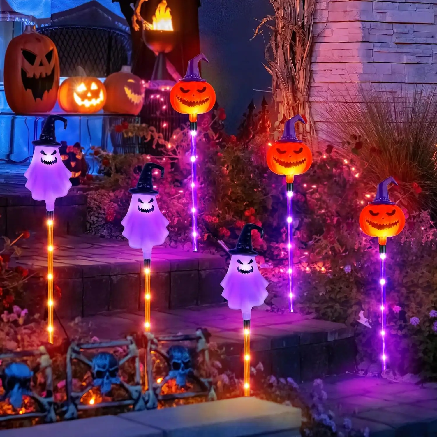 6 Pack Solar Halloween Pathway Lights, 8 Light Modes Outdoor Halloween Lights Decor, Halloween Party Porch Yard Decorations