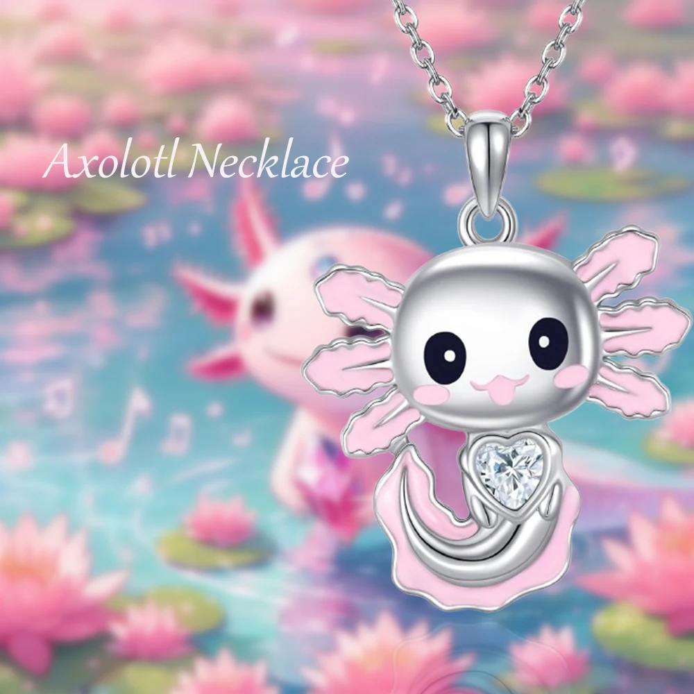 Cute Axolotl Pendant Necklace for Women, Kawaii Dainty Pink Heart Crystal Trendy Animal Jewelry Gifts for Birthday Valentine Her