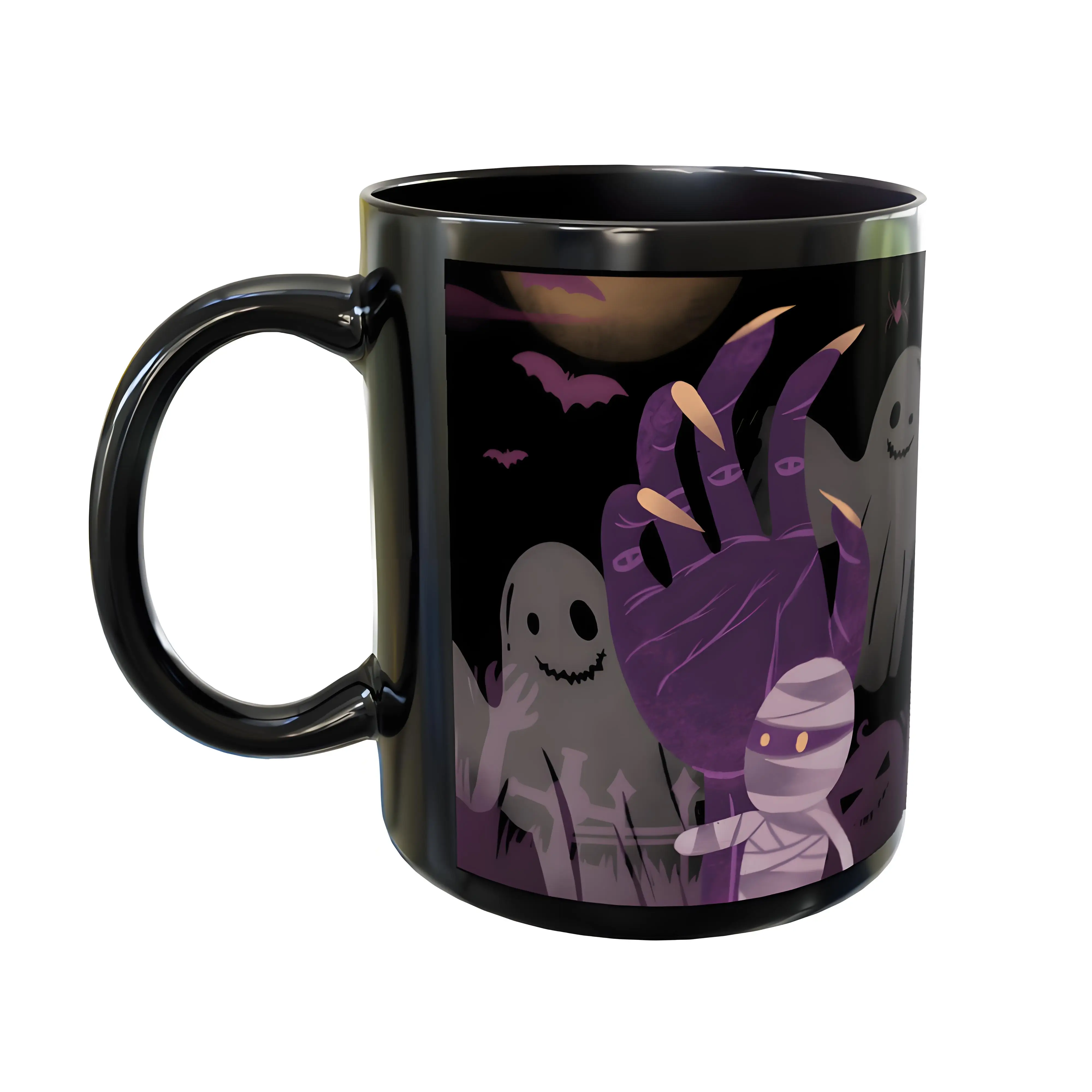 

Black coffee mug, ghost claw pattern, Halloween gift, ceramic drinkware, black, 11 ounces, reusable