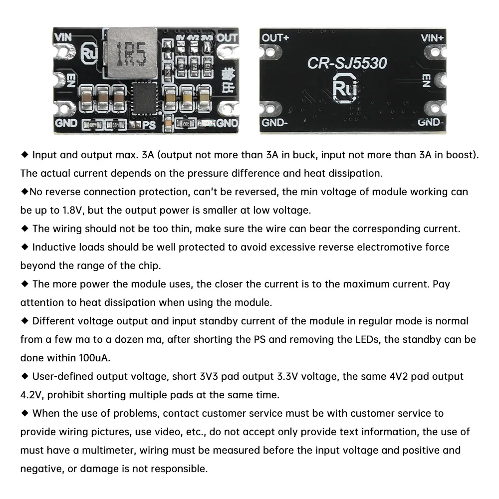 Módulo de alimentação step-up/dowm DC-DC 1.8-5.5V a 3.3V 4.2V 5V 3A Placa de impulso Buck ajustável com proteção contra curto-circuito