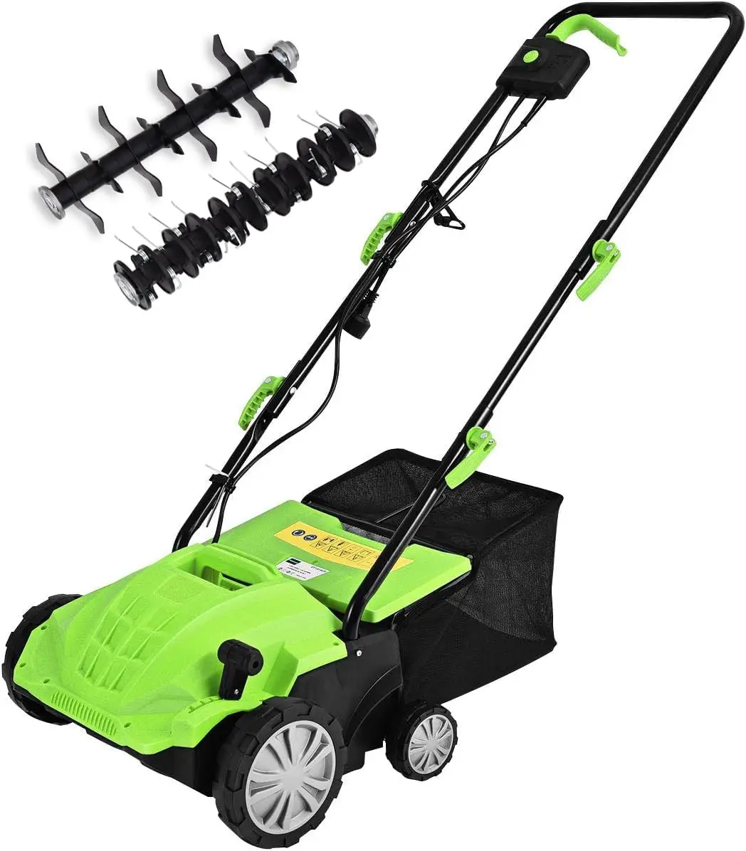 2-in-1 Electric Lawn Dethatcher and Scarifier with 11-Gallon Collection Bag, 3-Position Depth Adjustment, 13-Inch 12-Amp Corded for Garden Yard