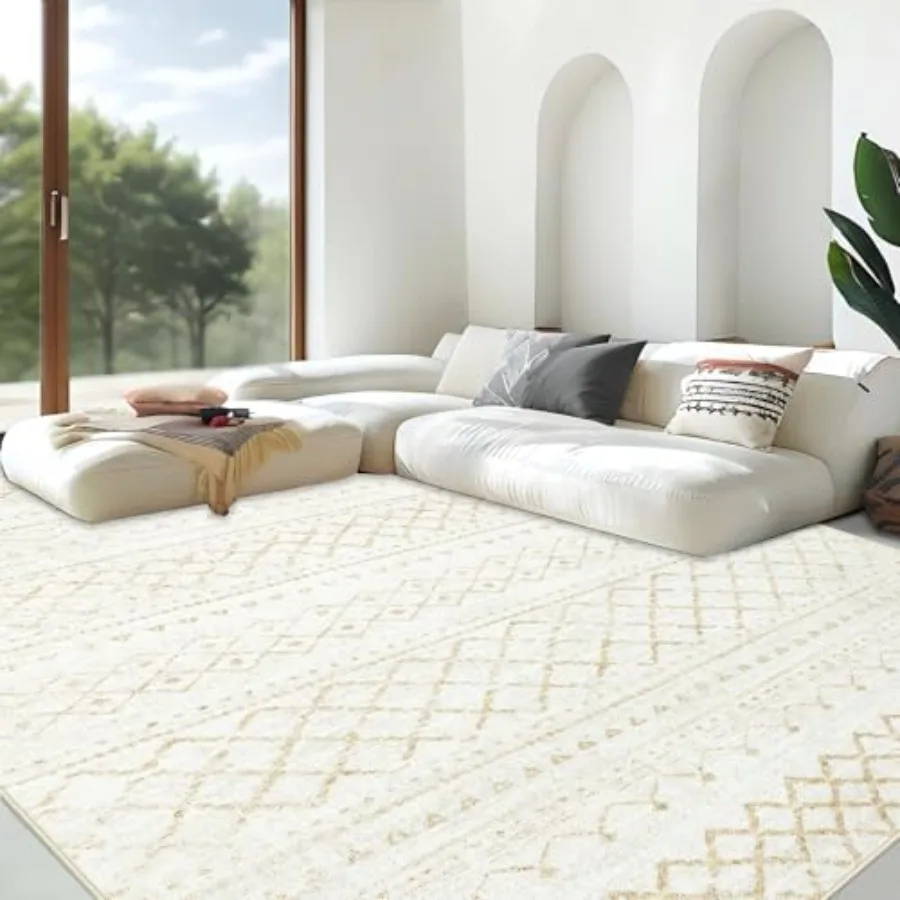 

Living Room Area Rug 8x10 - Soft Boho Geometric Beige Rug, Non-Slip Foldable Washable Non-Shedding Modern Indoor Floor Carpet f