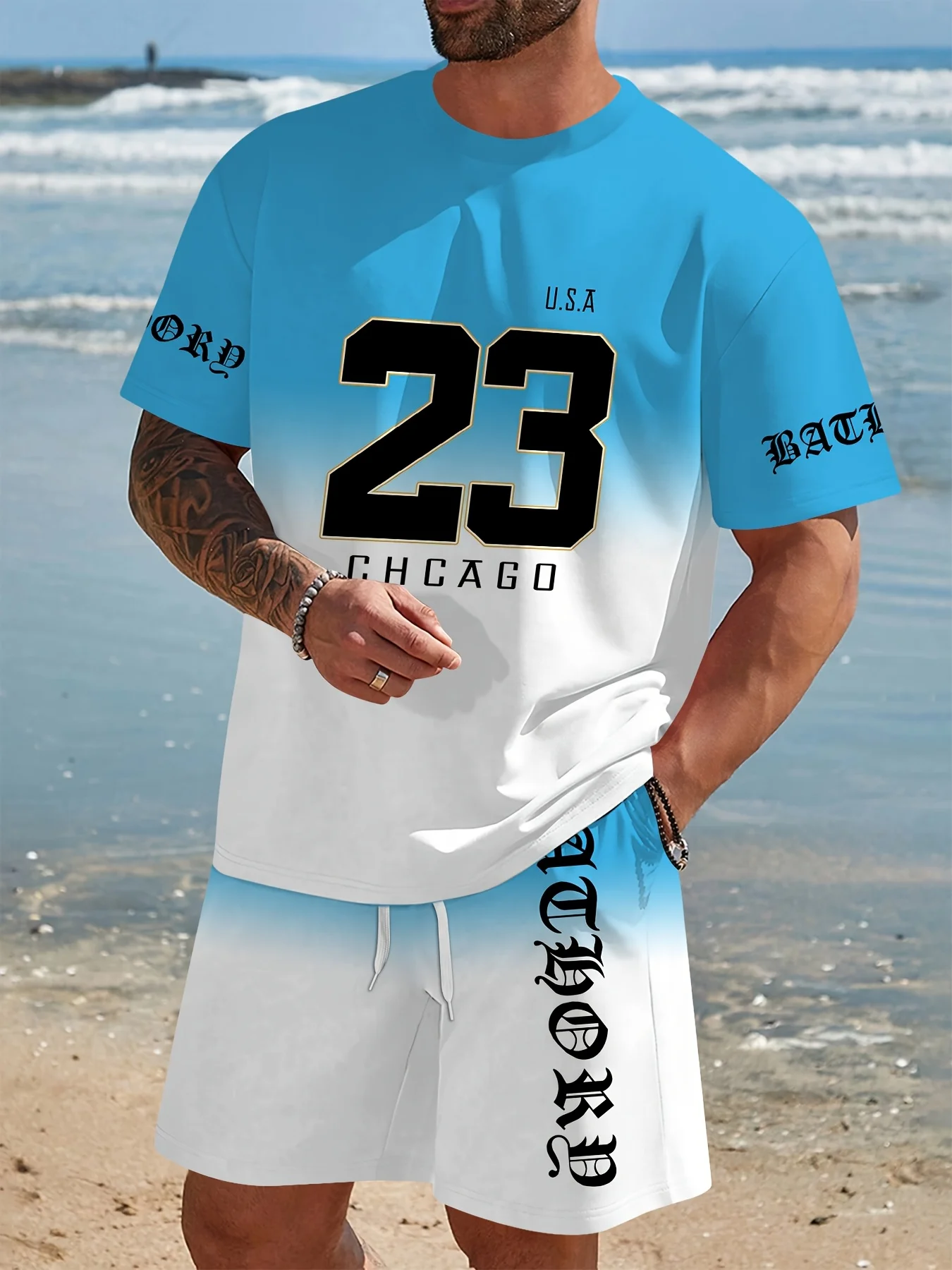 

Fashionable Summer Men's No.23 Gradient Comfortable Breathable Round Neck T-shirt Shorts Set Outdoor Urban Casual Clothing