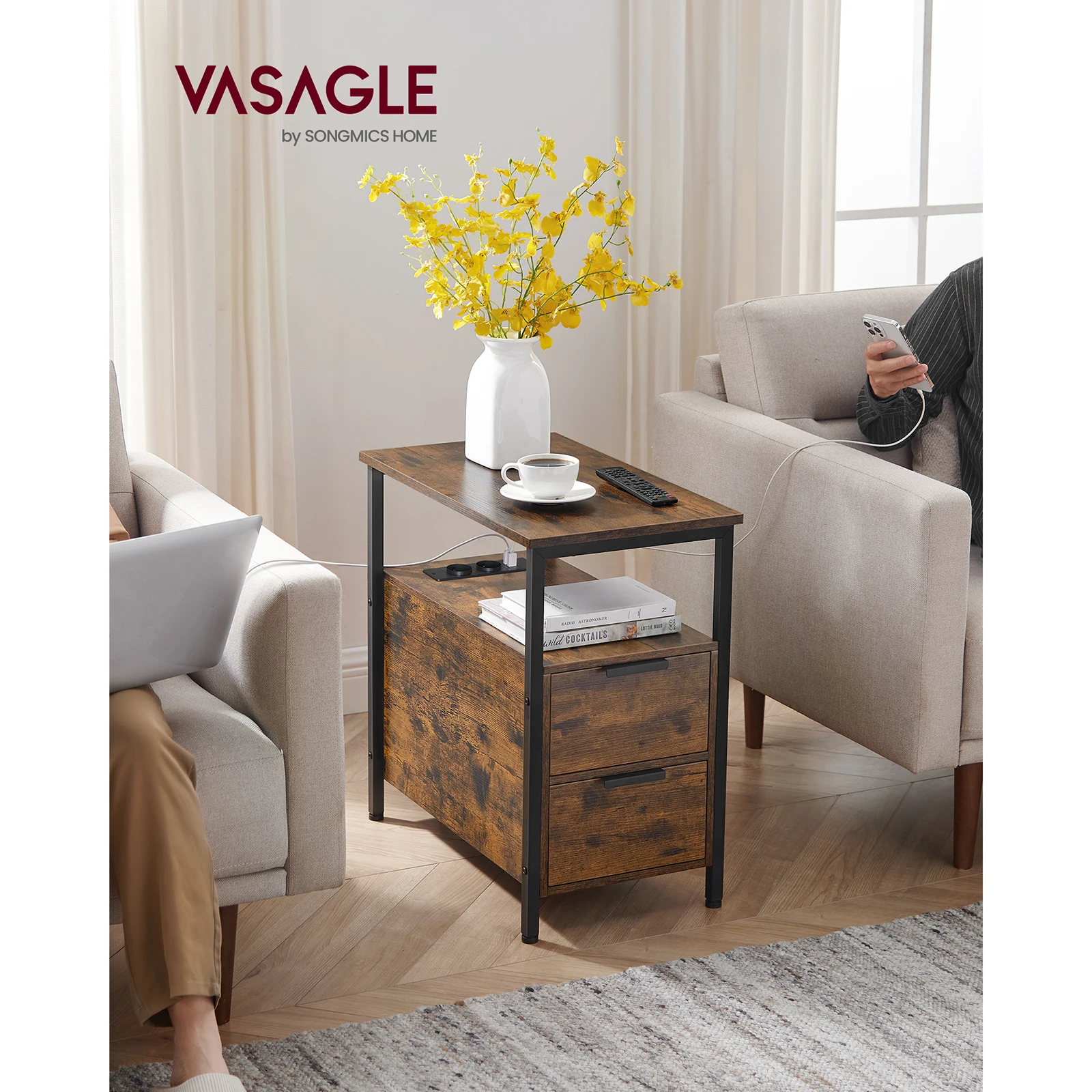 VASAGLE Side Table with Multi-Plug, Small Slim Table with 2 Drawers, Nightstand with Storage, for Living Room, Bedroom