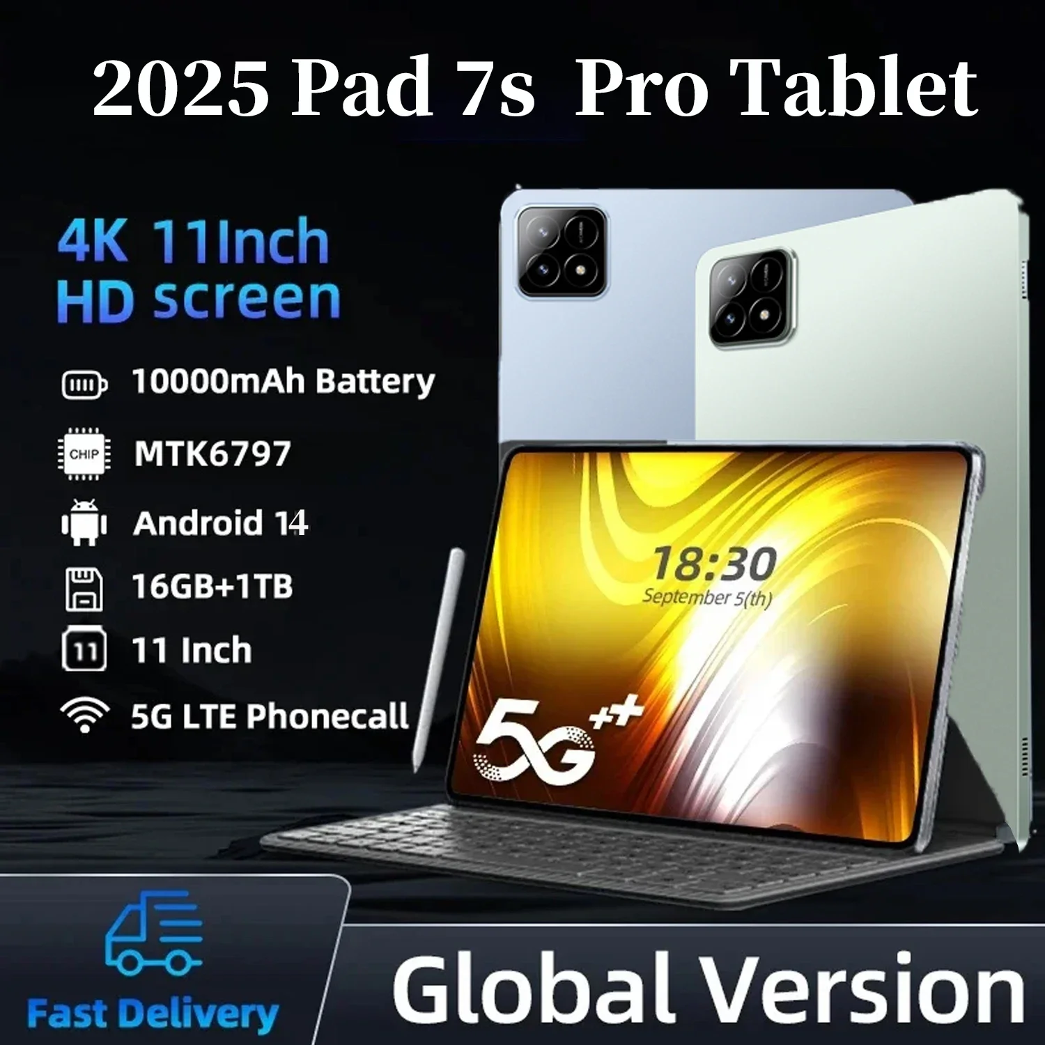 الإصدار العالمي الجديد XioamI Pad 7S Pro Tablet Android 14 11 بوصة HD 16GB + 1T 20000mAh 5G ثنائي الشريحة بلوتوث WiFi GPS WPS أقراص الكمبيوتر