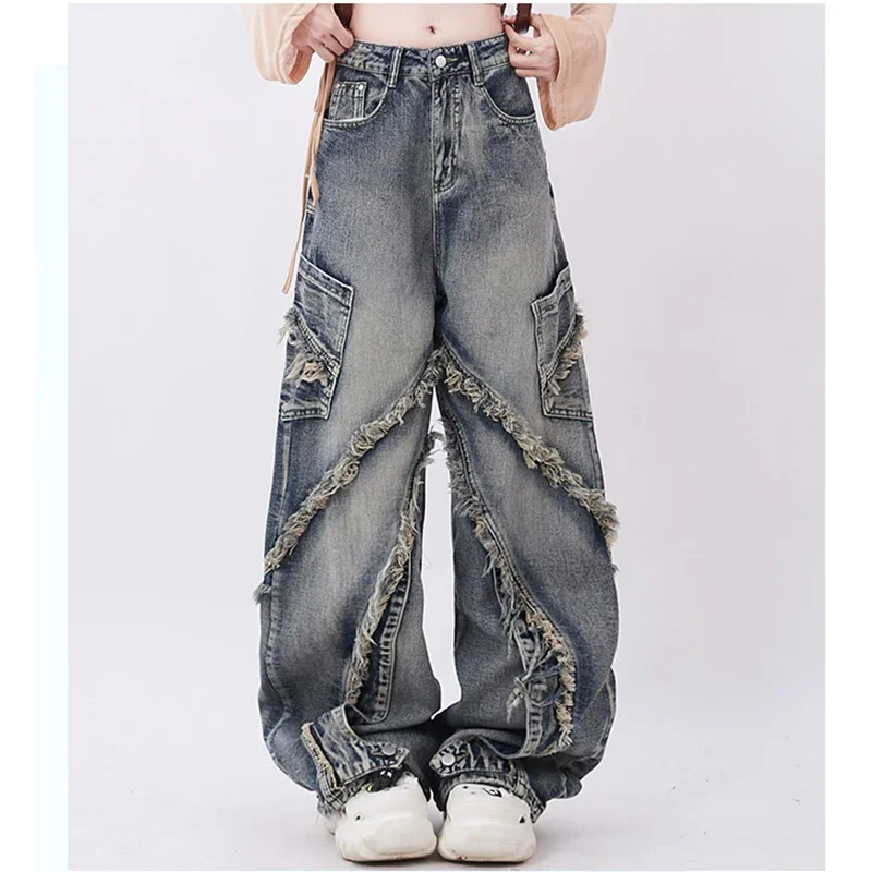 Wide Leg  Jeans Women Denim Pants Spliced Rough Selvedge Y2k Pants Vintage Lace-up Jeans Streetwear Fashion Trousers