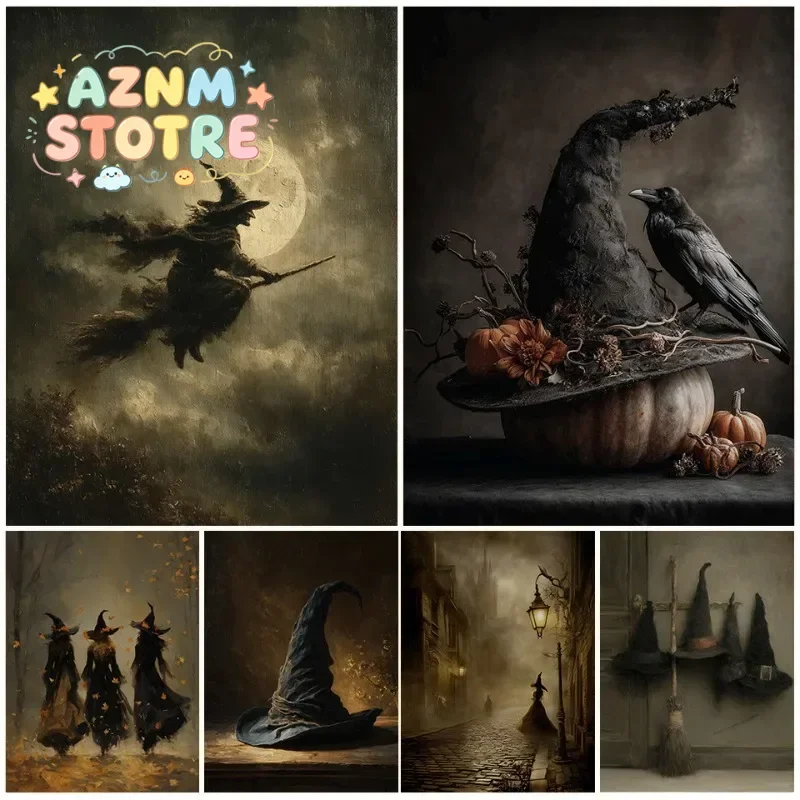 Retro Spooky Witch on A Broomstick Rustic Broom Dark Academia Witchcore Poster Canvas Painting Wall Art Pictures Home Decor
