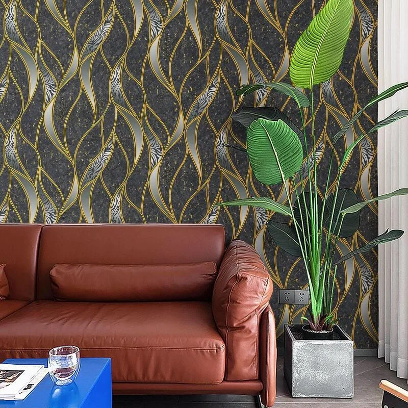 

Простые обои из ПВХ с эффектом водной ряби, золотистые изогнутые полосы, узор волны, для гостиной, спальни, отеля, фон для стен