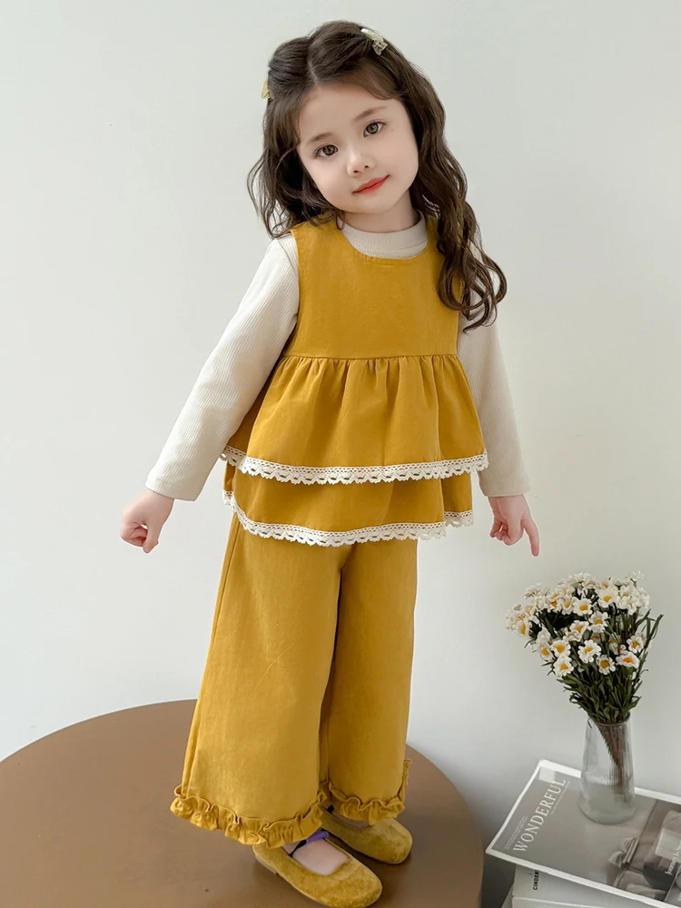 

Girls Long Sve Base irt Tee Piece Set Spring Autumn Sle Baby Girl Faionable Outfit Korean Princ Wind Cotton Blend