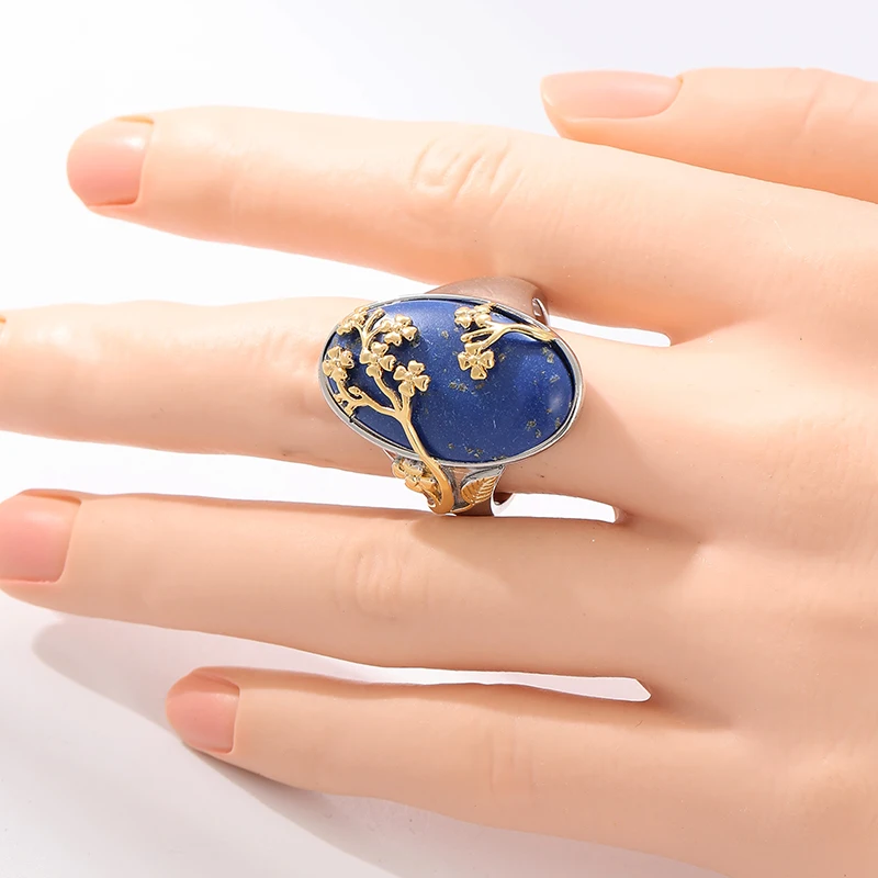 Vintage-Ring für Damen mit eingelegtem blauen Stein, ethnische Silberfarbe, handgeschnitzte Blume, für den täglichen Gebrauch, Party-Schmuck, Jahrestagsgeschenk – Detail 4