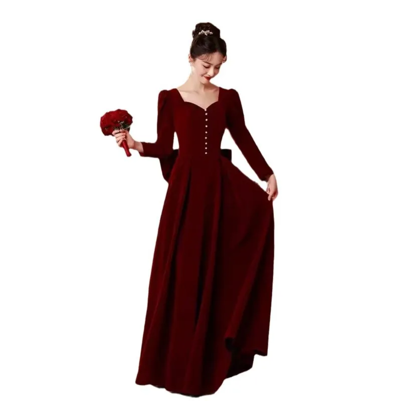 فستان مخملي جديد باللون الأحمر الخمري بأكمام طويلة لتحميصها #5