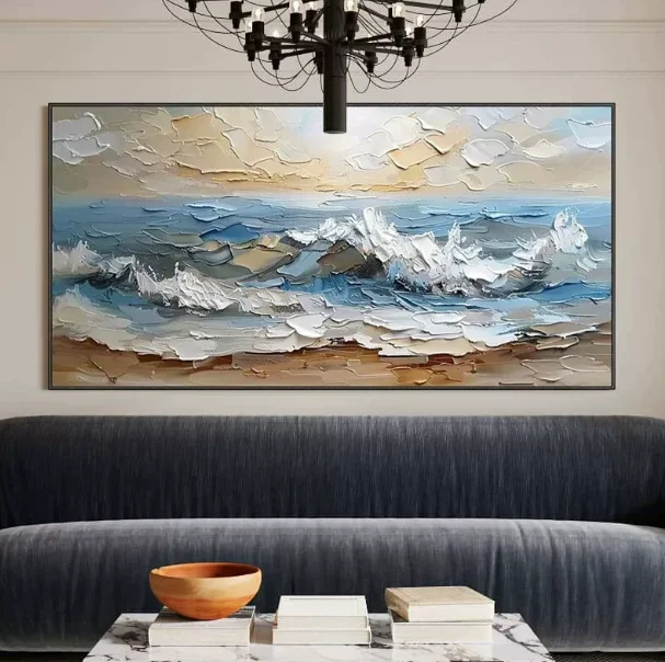 #Wave Scenery Living Room Sofa Background Wall Hanging Modern Thick Texture Stereo Banner Pure Hand-Painted Oil Painting Canvas