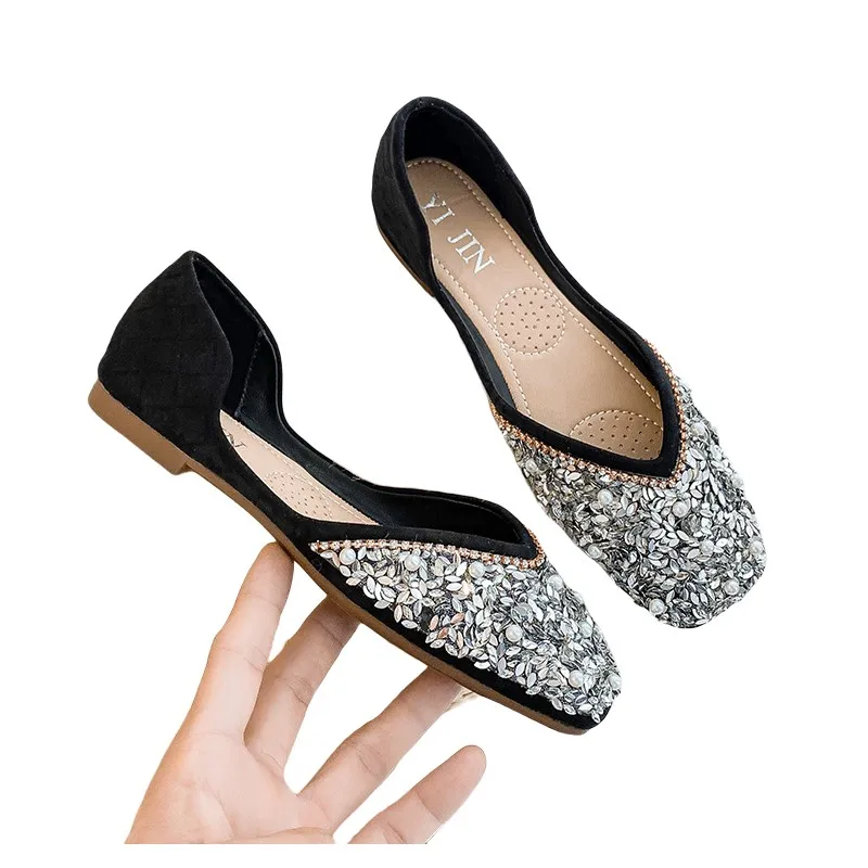 

Bling Glitters Flat Shoes Women Square Toe Slip On Loafers 2022 Ladies Soft Comfortable Driving Shoes Ballerinas Ballet Flats