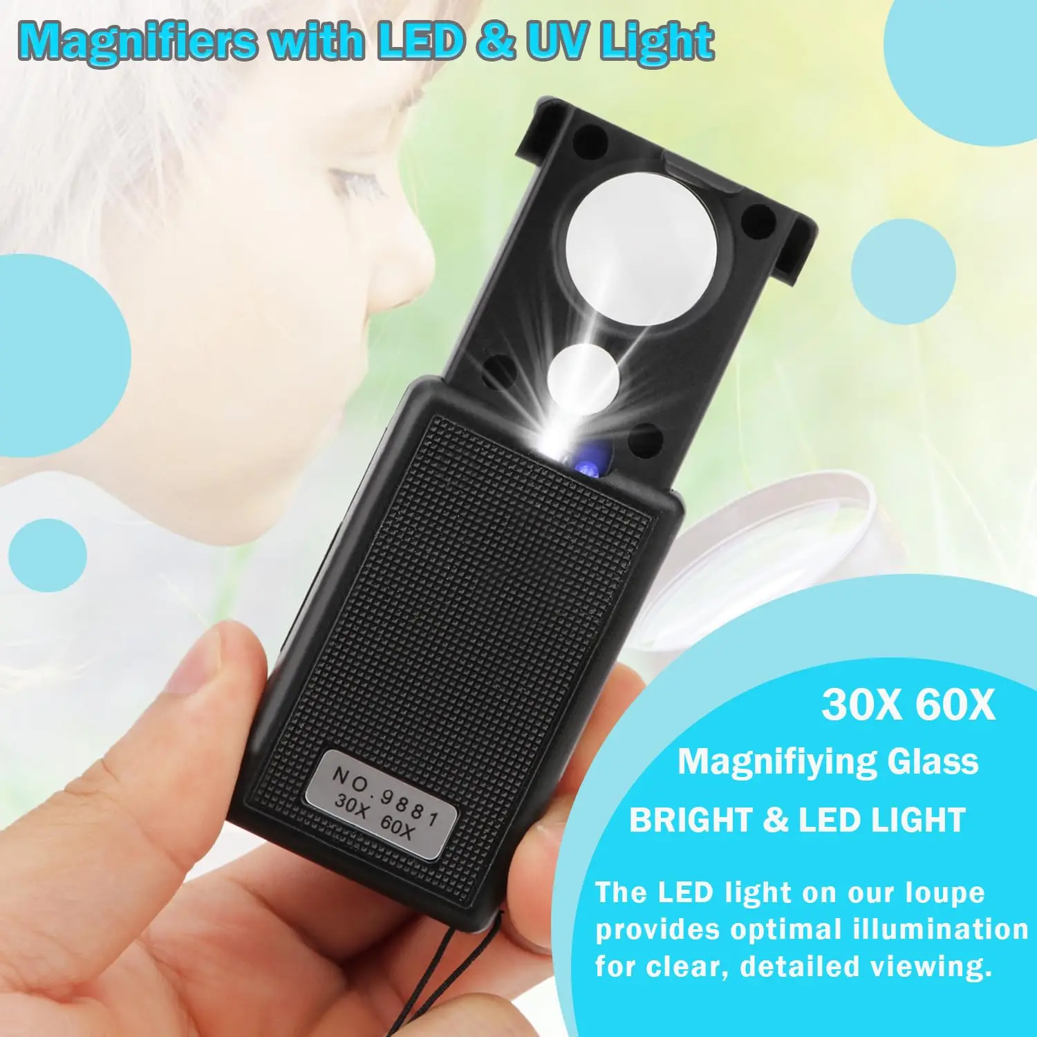 30X 60X Pocket Jewelry Magnifier Slide Out Illuminated Magnifying Glass with LED UV Light Handheld Loupe Lens For Diamond Coins