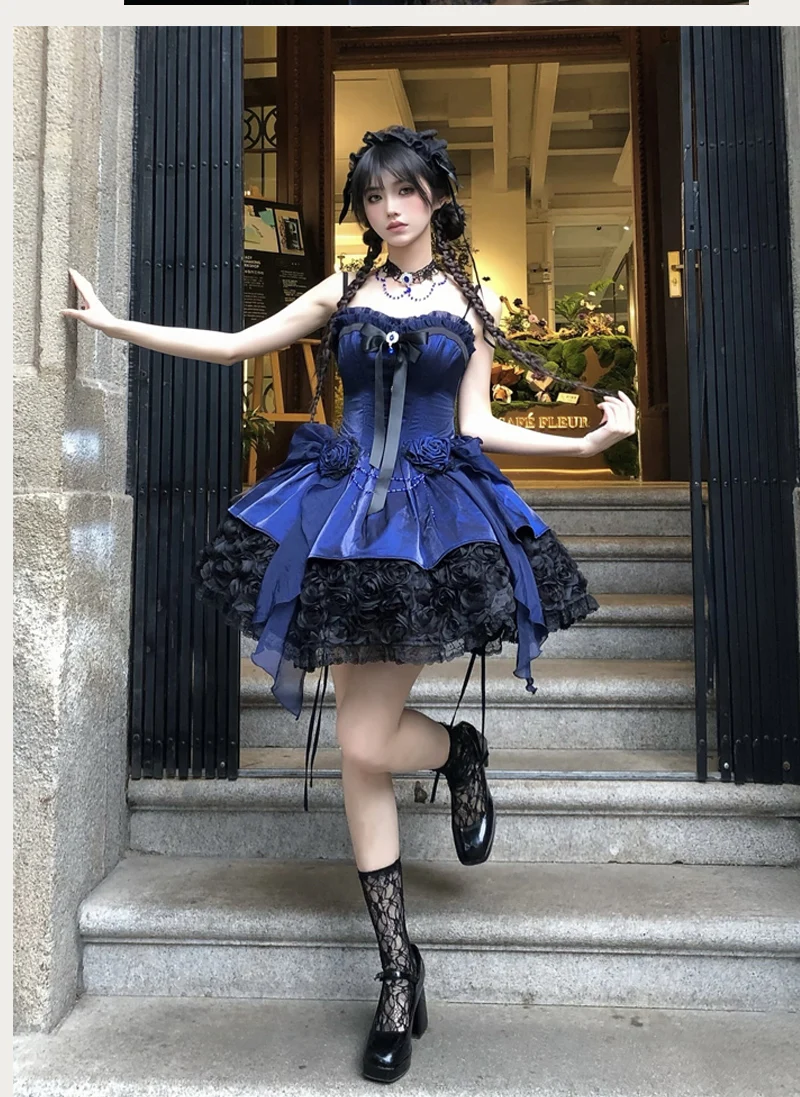 Elegancka Sukienka Vintage Gotycka Księżniczka Lolita Bez Rękawów Odkryte Ramiona Wysoki Stan Łączona Kwiaty 3D Krótka Puszysta Sukienka na Imprezę Damska