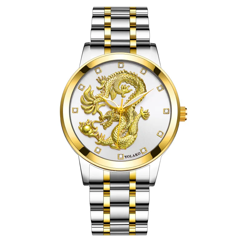 Montre Dragon Style Chinois pour Homme, Non Mécanique, Diamant, Étanche, Ceinture en Acier, Quartz, Or, Fa