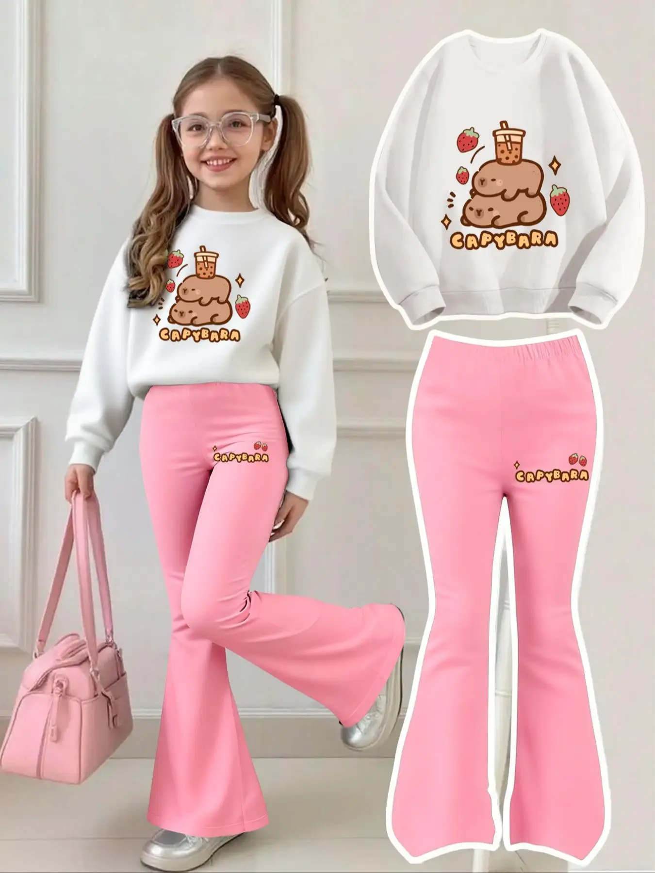 Kinderbekleidungsset für Mädchen im Alter von 4–12 Jahren, rosa und schwarzes Capybara-Milchtee-Aufdruck, weißes Sweatshirt + schwarz-rosa Schlaghose, Set mit „Capybara“-Aufdruck auf der Kleidung