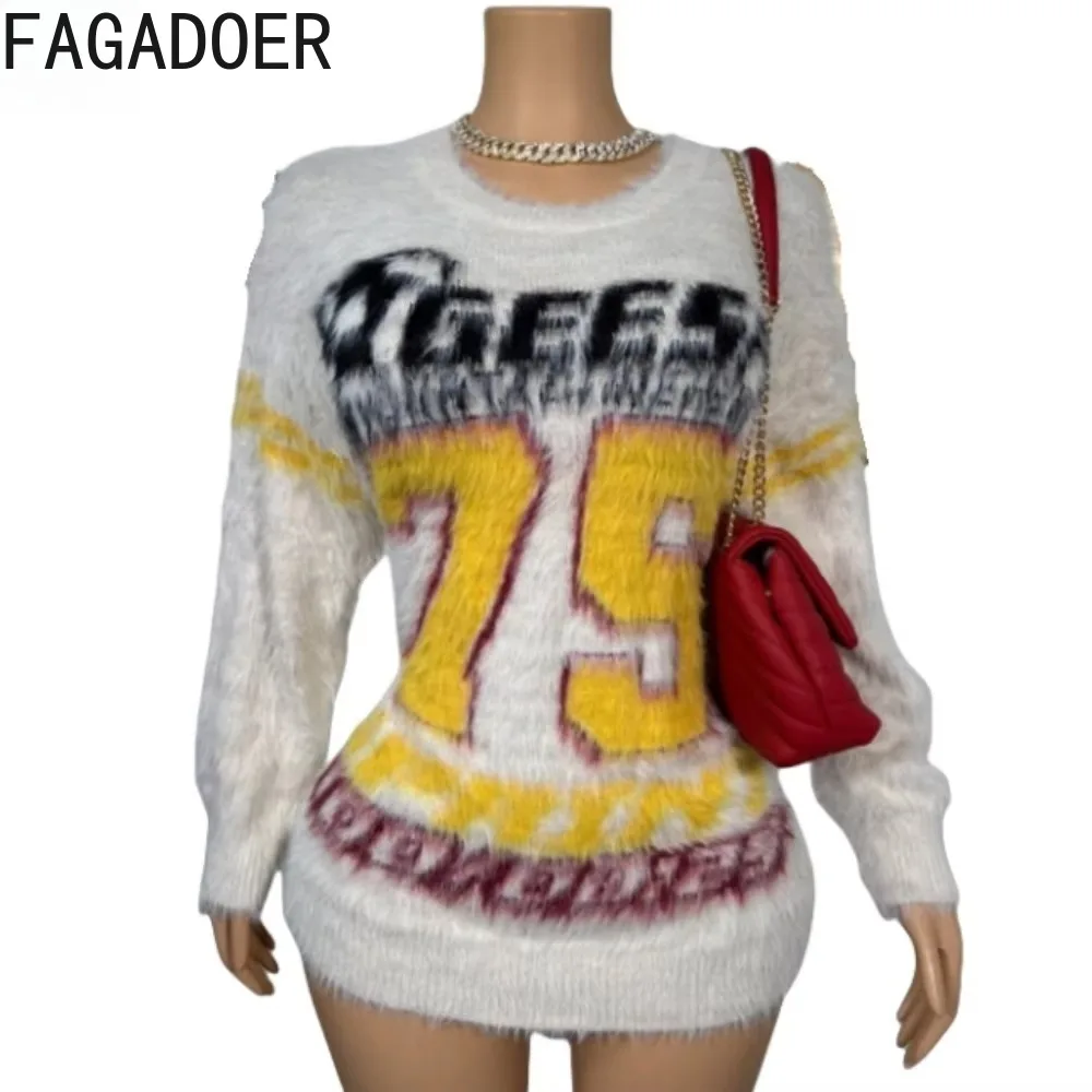 FAGADOER American Vintage Print Loose Knitted Sweater Women Long Sleeve Pullover Spring New Neutral Style Oversize Top Clothes