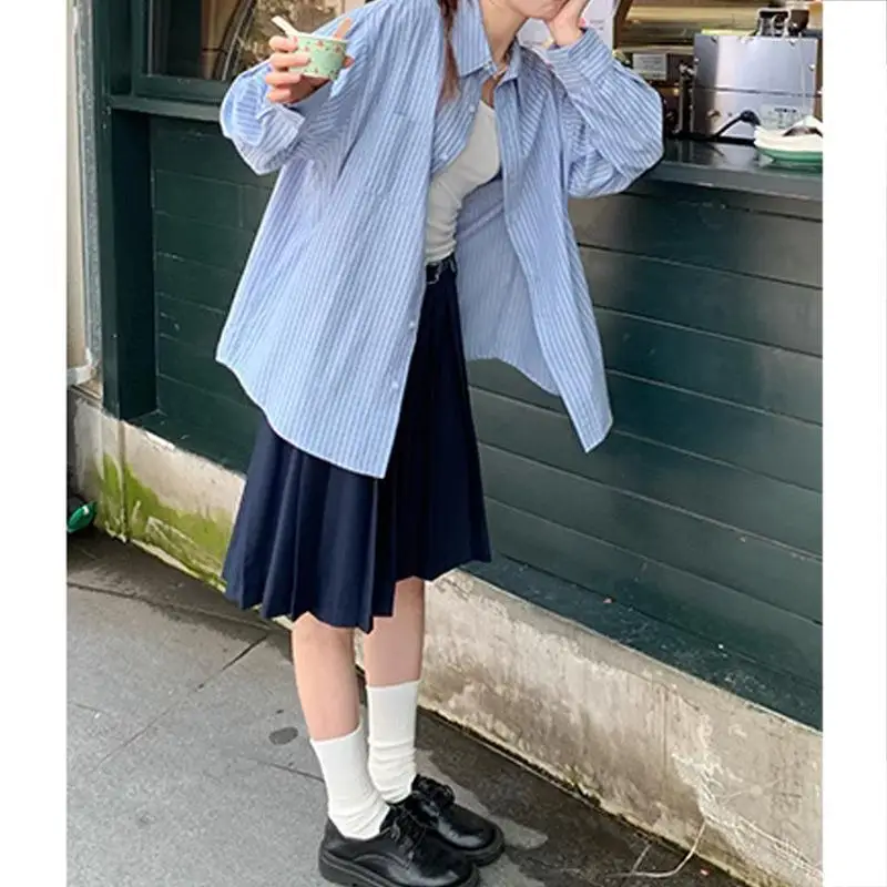 Camicetta Primaverile a Righe Blu per Donna, Stile Coreano, Maniche Lunghe, Casual e Dolce