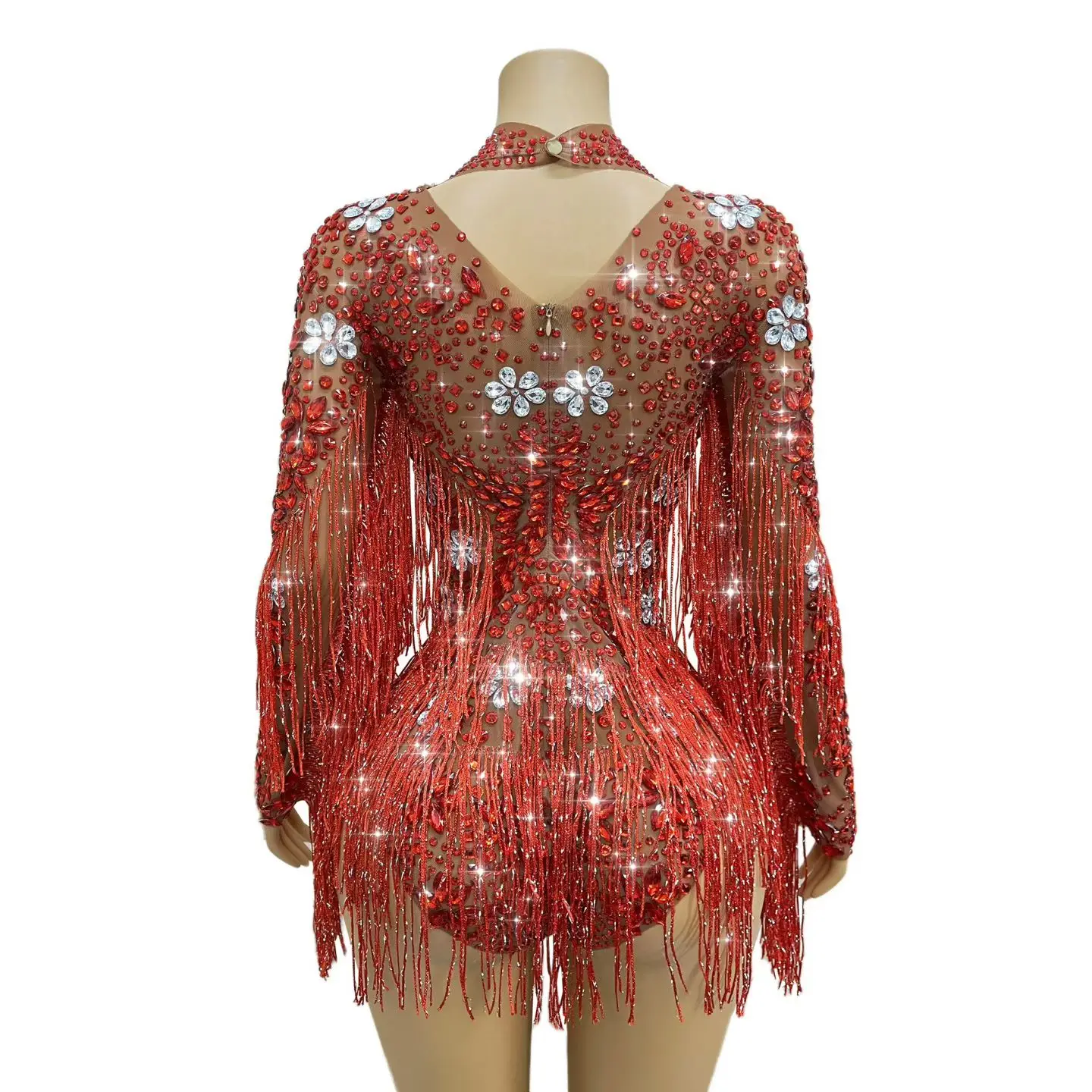 Lussuoso body con nappe e strass scintillanti dal design pesante da donna, cantante, ballerino, festa, sfilata di moda, performance sul palco