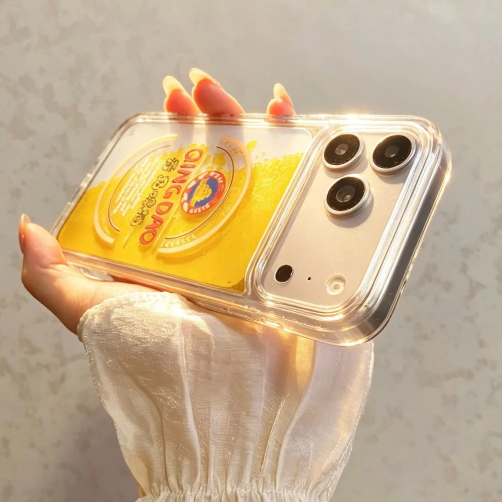 Funny Qingdao Beer Liquid Quicksand Phone Case For iPhone 17 16 15 14 13 12 11 Pro Max Plus 16E 17E Clear Shockproof Soft Cover view 5