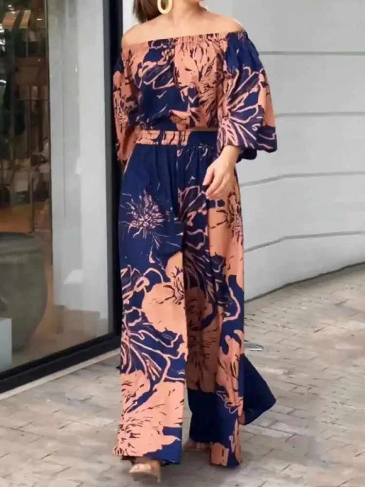 Modigirl Elegant Two Piece Set For Women Fashion Floral Printed Off-The-Shoulder Tops & Elasticity High Waist Wide Leg Pants