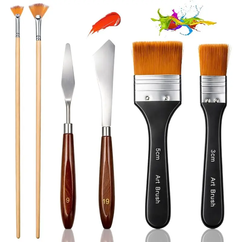 

A02M-For Paint Brush Set 6 Pieces 2 Inch 1 Inch Fan Brushes For Painting Tools Palette Set For Paint Acrylic Palette Knives