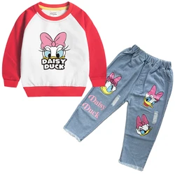 Fashion Cartoon Daisy Baby Girls Clothing Set Kids Long Sleeve Pullover Top  Jeans Pants 2Pc for 2-6 Years Children Tracksuits