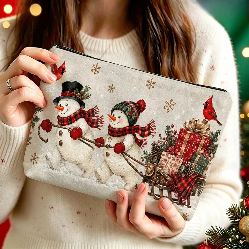 Vintage Christmas Snowman Makeup Bag Red Cardinal Bird Sled Gift Print Cosmetic Pouch Zipper Travel Toiletry Bag Ladies Gift