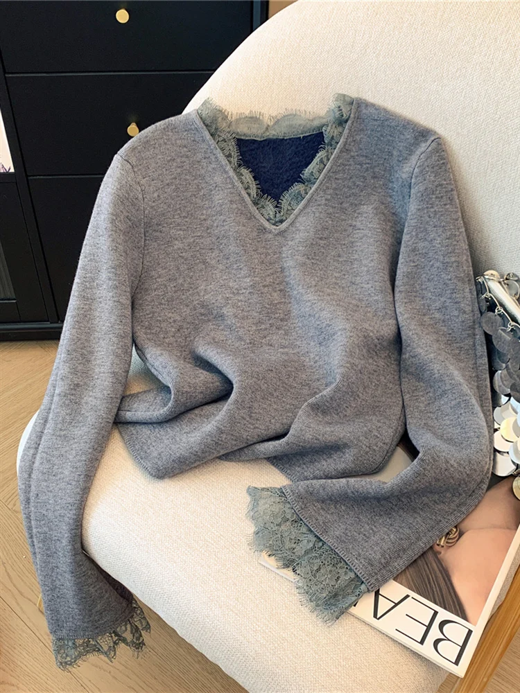 

Кружевной вязаный свитер с рюшами и v-образным вырезом, женский свободный осенне-зимний трикотаж Pure Desire Flared Sve Fce на подкладке, топ