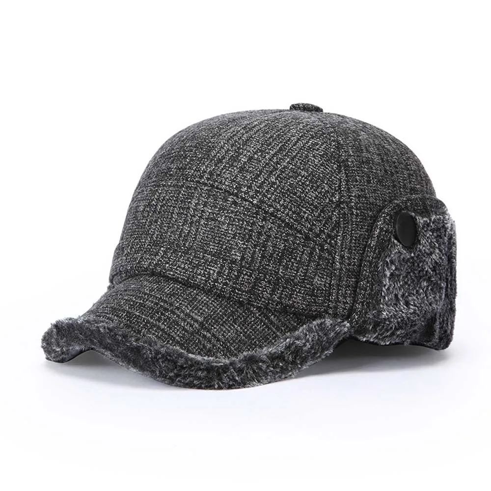 Windproof Cap Warm Winter Trapper Hat Fleece Lined Thick Earflap Baseball Cap Soft Plaid Fleece Cap Middle Aged