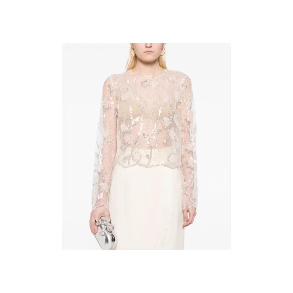 Spring and summer new sequin three-dimensional tulip embroidery round neck long sleeved lace mesh versatile top