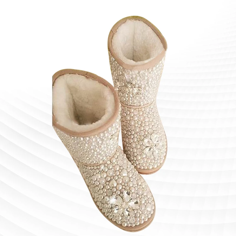 פרח בינוני בעבודת יד פנינה אביזרים ליהלומים חתונה פרווה שלג אחת מגפי גודל גדול נעלי נשים 35-44